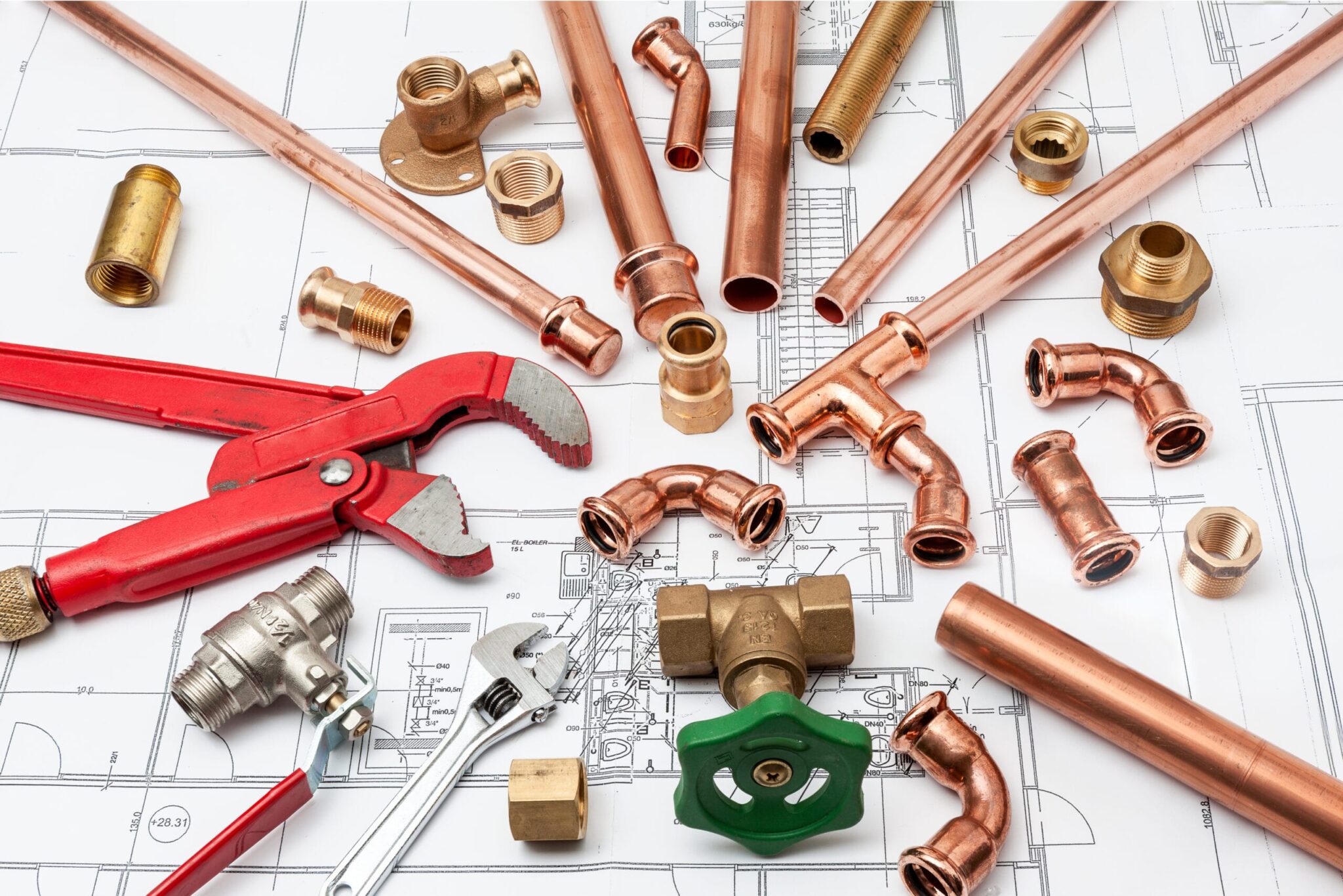 Copper pipes, fittings, valves, and plumbing tools in Camas