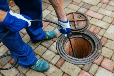 Plumber cleaning an outdoor sewer drain in Camas