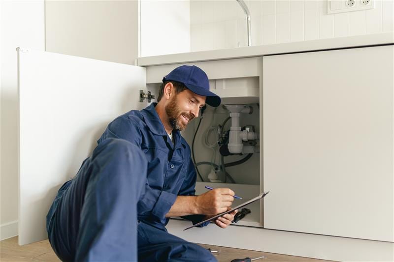 Residential plumber reviewing plumbing repairs in a Camas kitchen