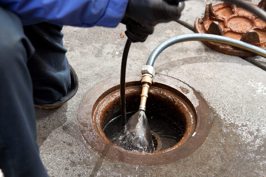 Plumber hydro jetting a sewer line through a manhole in Camas
