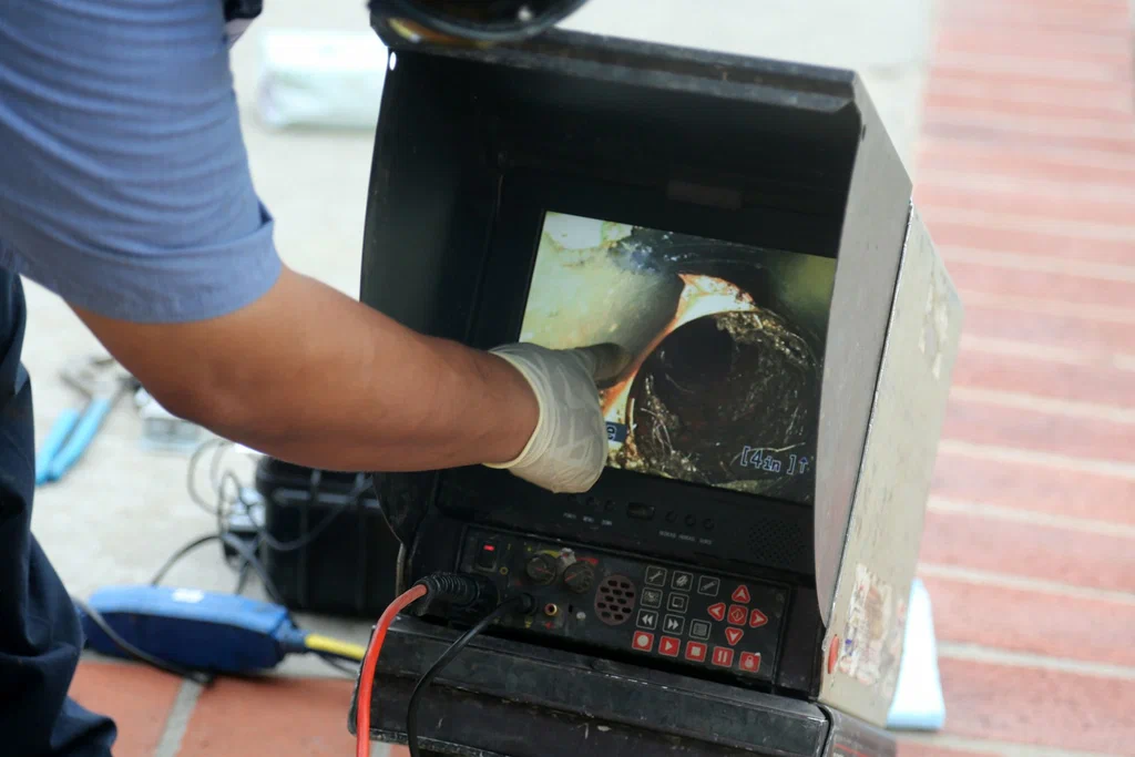 Technician viewing a drain inspection camera in Camas
