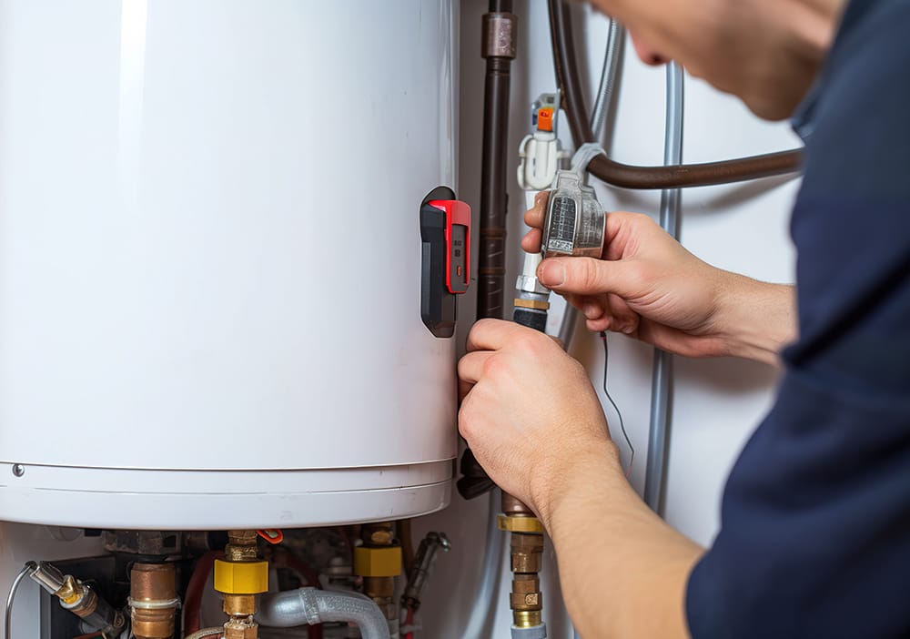 Technician repairing pipes connected to a water heater in Camas
